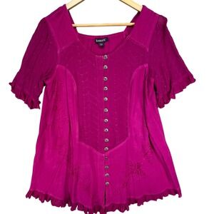 Roamans Magenta Pink Embroidered Button Front Boho Ruffle Blouse 12W